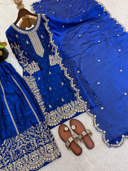 Imposing Blue Color Coding Sequence Work Embroidered Sharara Suit