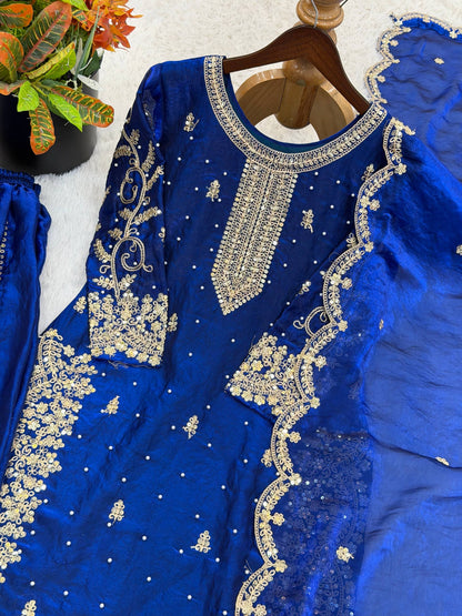 Imposing Blue Color Coding Sequence Work Embroidered Sharara Suit