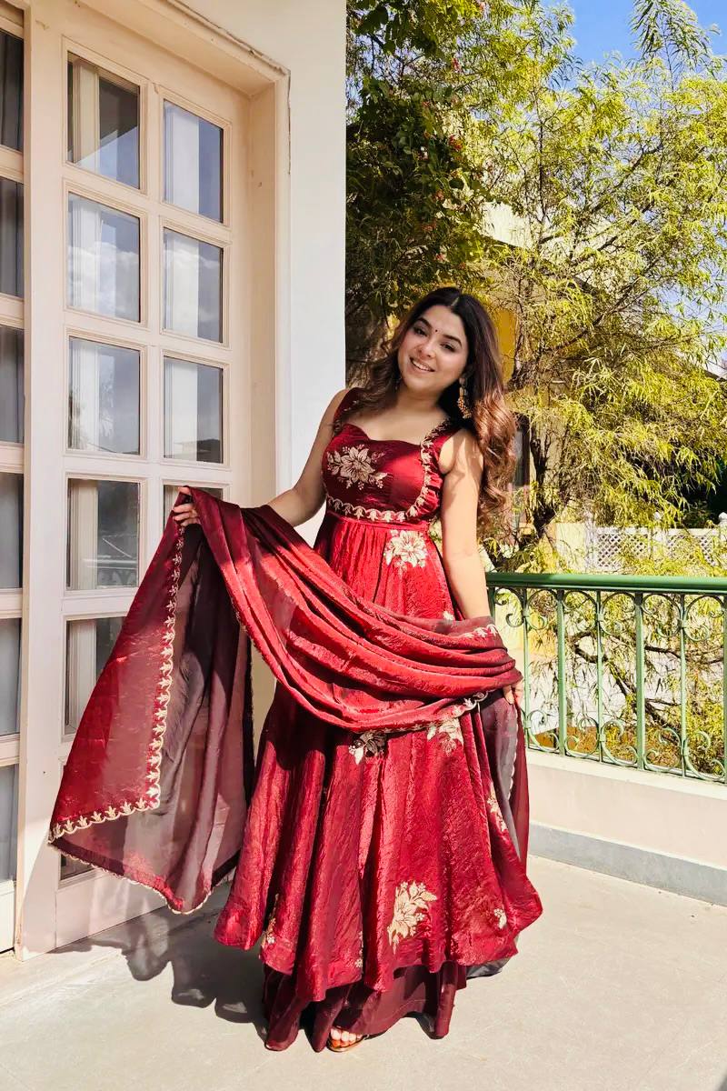 Admiring Maroon Color Sequence Embroidered Gown Sharara Suit