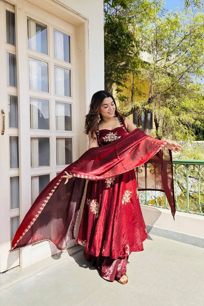 Admiring Maroon Color Sequence Embroidered Gown Sharara Suit