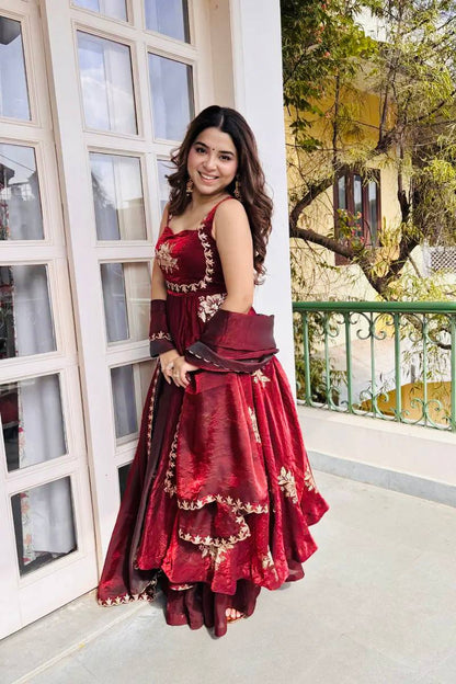 Admiring Maroon Color Sequence Embroidered Gown Sharara Suit