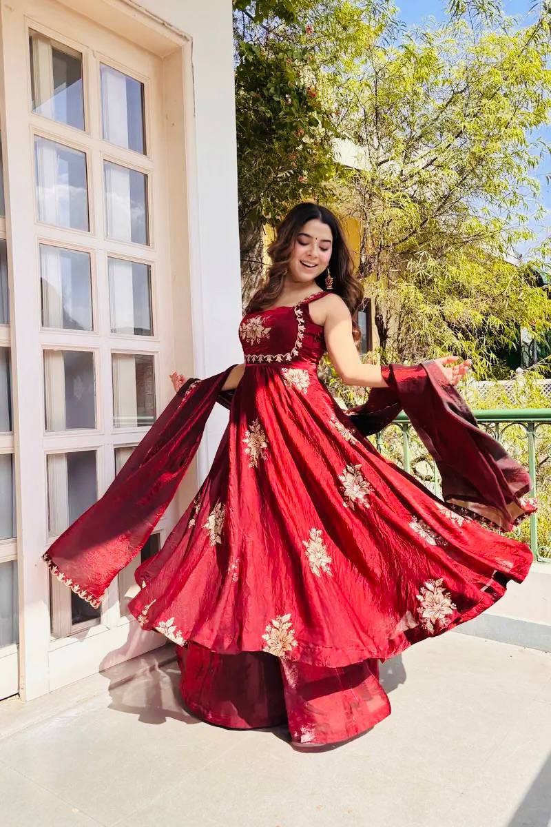 Admiring Maroon Color Sequence Embroidered Gown Sharara Suit