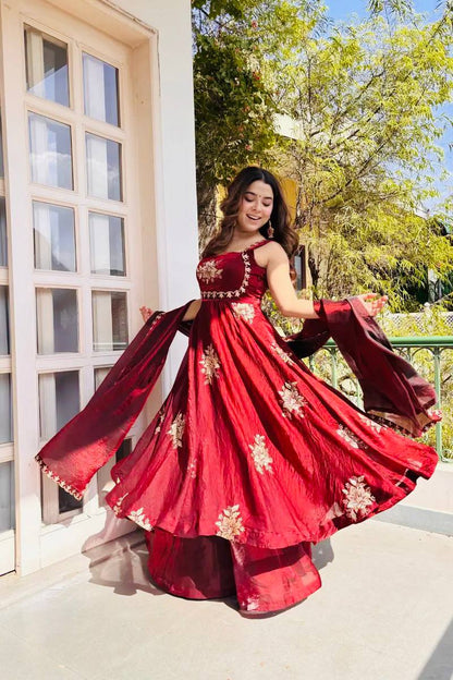 Admiring Maroon Color Sequence Embroidered Gown Sharara Suit