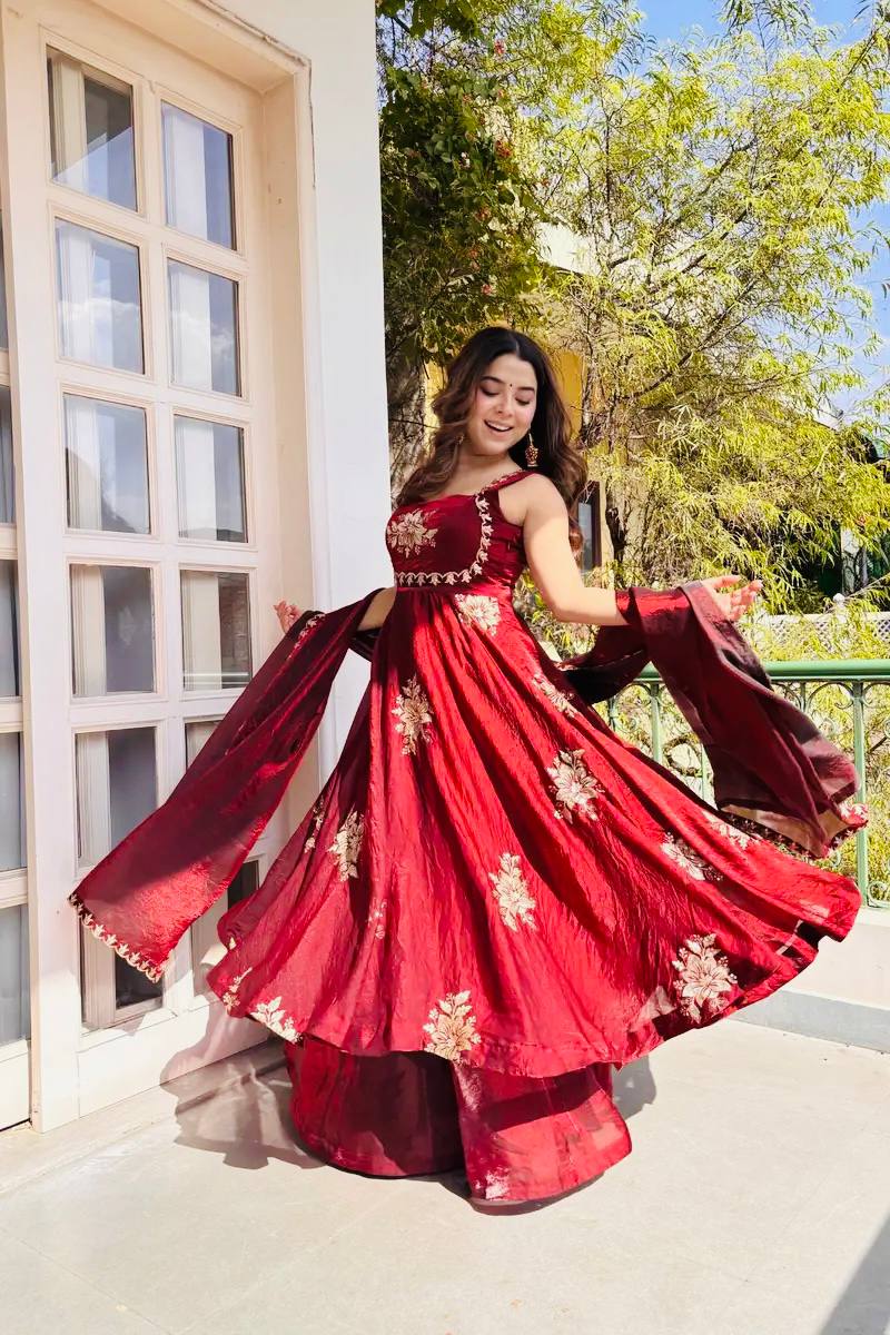 Admiring Maroon Color Sequence Embroidered Gown Sharara Suit