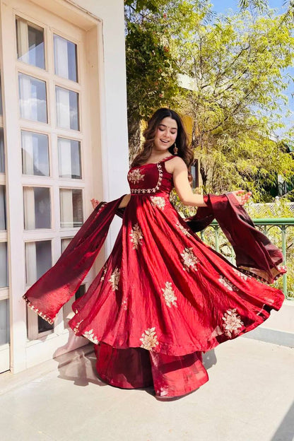 Admiring Maroon Color Sequence Embroidered Gown Sharara Suit