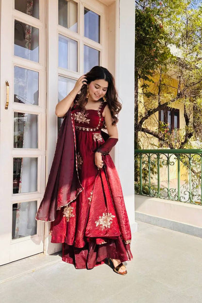 Admiring Maroon Color Sequence Embroidered Gown Sharara Suit