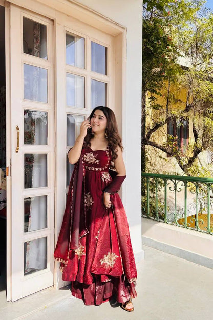 Admiring Maroon Color Sequence Embroidered Gown Sharara Suit