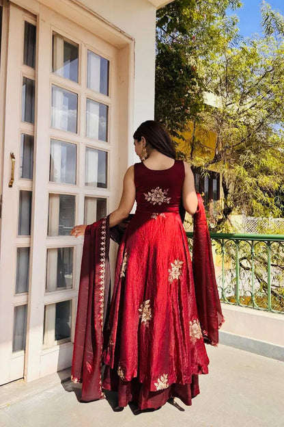 Admiring Maroon Color Sequence Embroidered Gown Sharara Suit