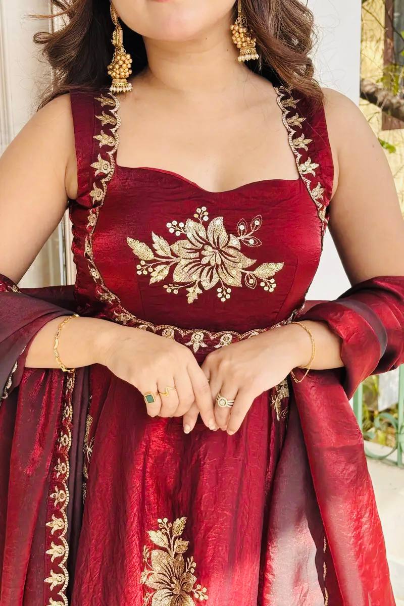 Admiring Maroon Color Sequence Embroidered Gown Sharara Suit