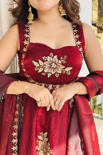 Admiring Maroon Color Sequence Embroidered Gown Sharara Suit