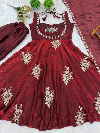 Admiring Maroon Color Sequence Embroidered Gown Sharara Suit