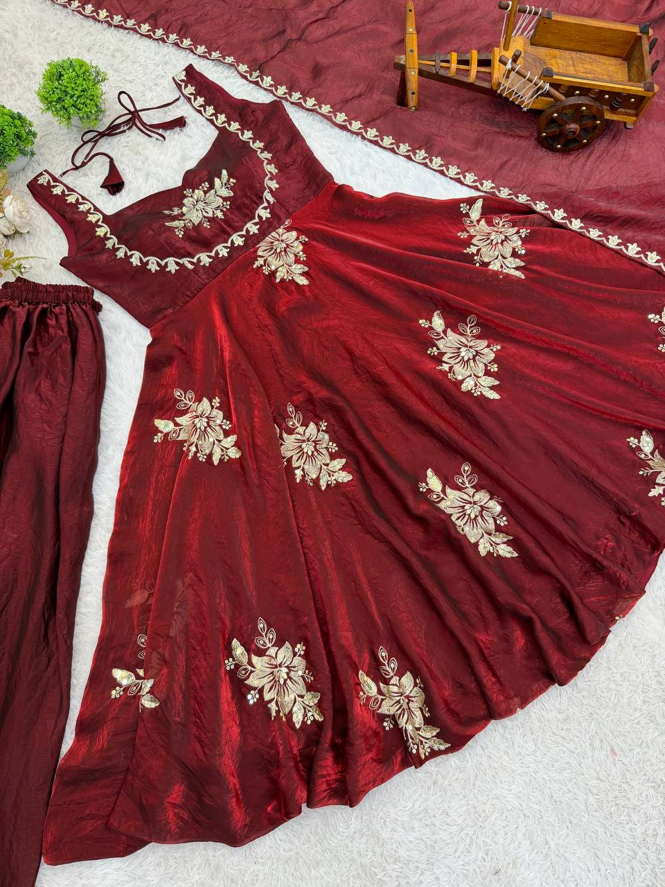 Admiring Maroon Color Sequence Embroidered Gown Sharara Suit