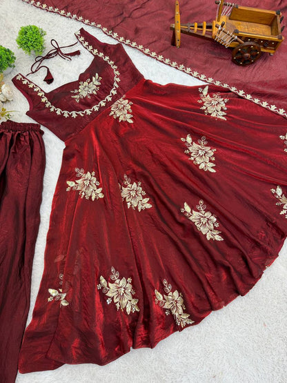 Admiring Maroon Color Sequence Embroidered Gown Sharara Suit