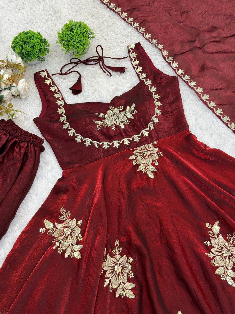 Admiring Maroon Color Sequence Embroidered Gown Sharara Suit