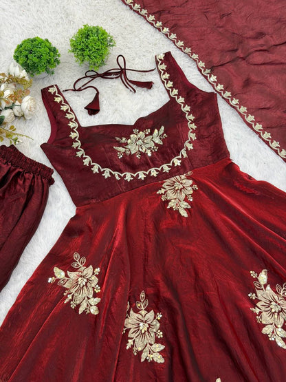 Admiring Maroon Color Sequence Embroidered Gown Sharara Suit