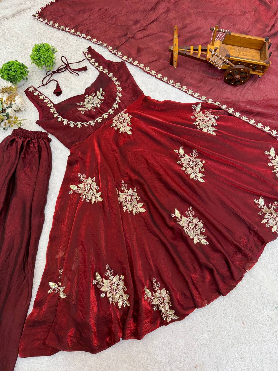 Admiring Maroon Color Sequence Embroidered Gown Sharara Suit