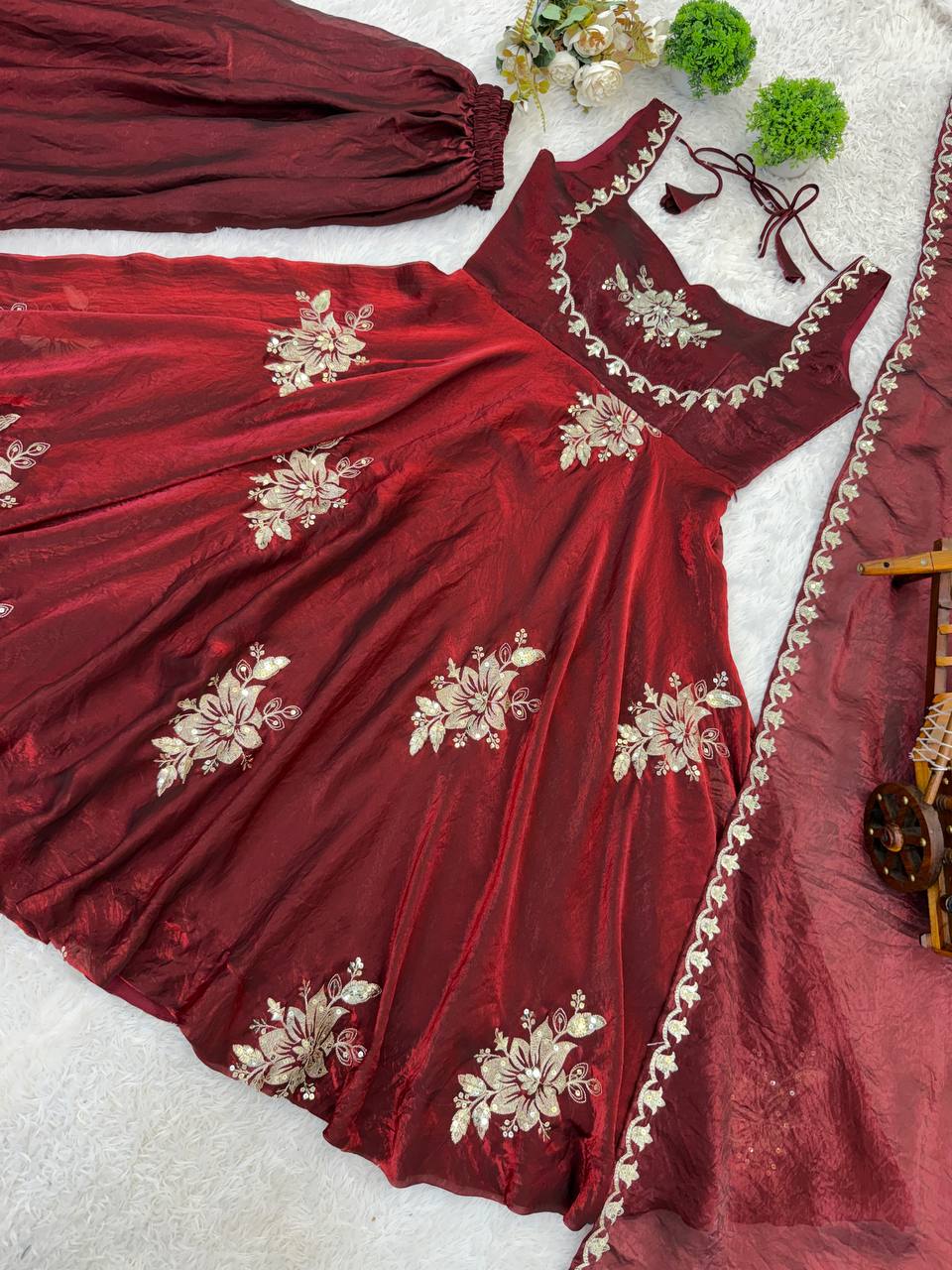 Admiring Maroon Color Sequence Embroidered Gown Sharara Suit