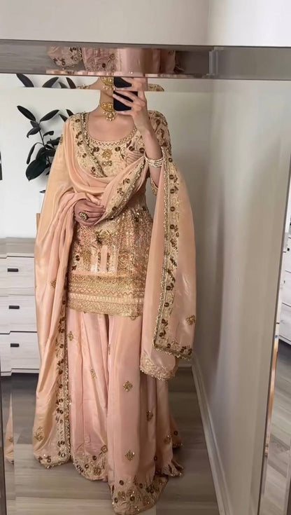Admiring Peach Color Pure Heavy Jalpari Cotton With Embroidery Sequence Work Palazzo Suit