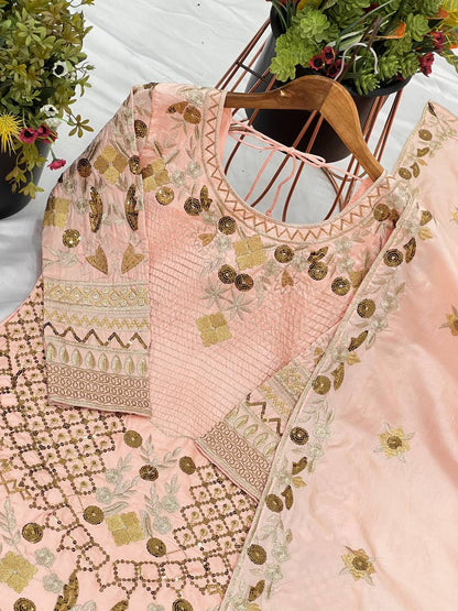 Admiring Peach Color Pure Heavy Jalpari Cotton With Embroidery Sequence Work Palazzo Suit
