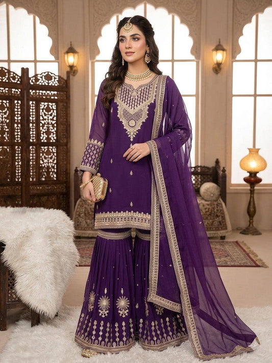 Trendy Purple Color Sequence Embroidered Sharara Suit
