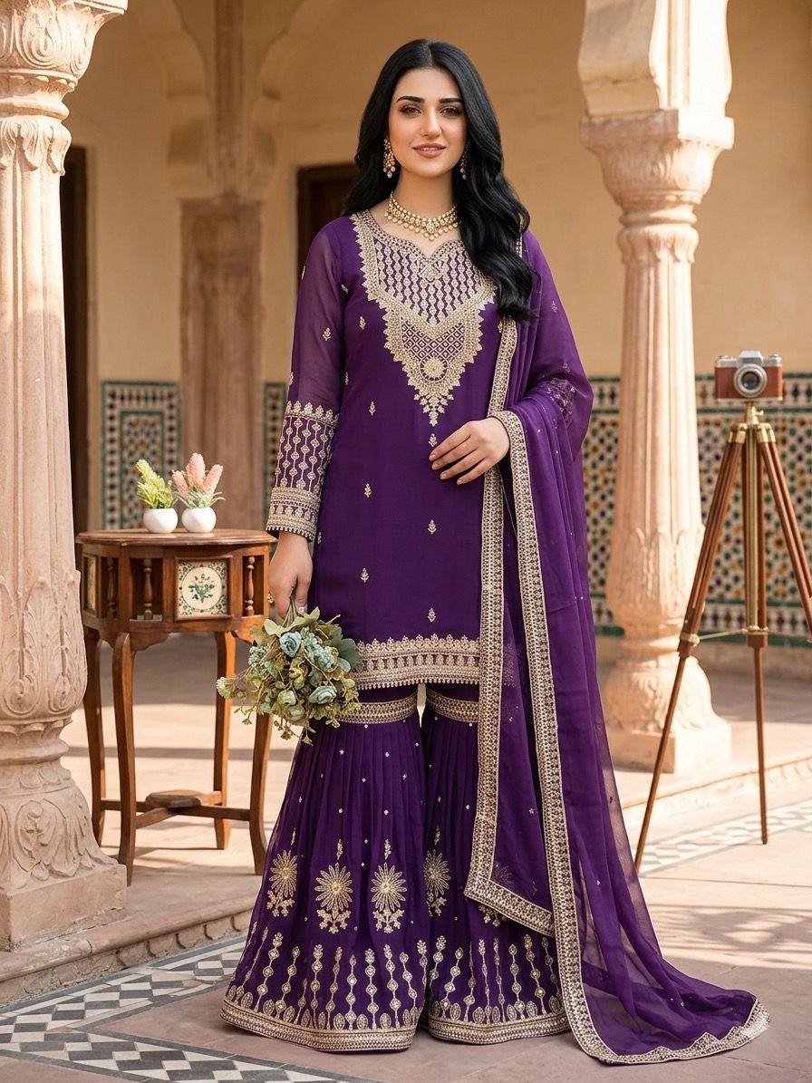 Trendy Purple Color Sequence Embroidered Sharara Suit