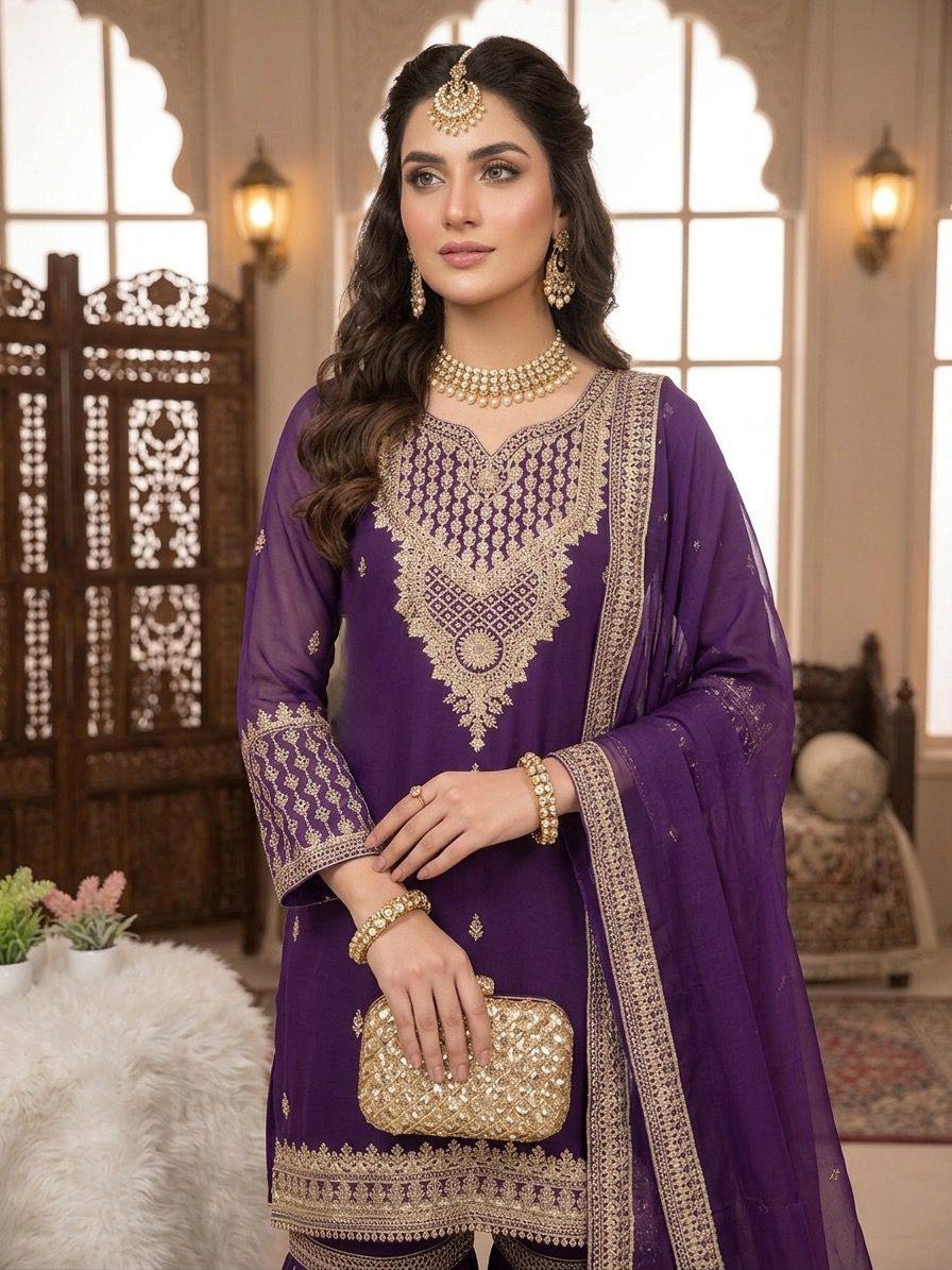Trendy Purple Color Sequence Embroidered Sharara Suit