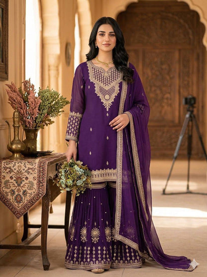 Trendy Purple Color Sequence Embroidered Sharara Suit