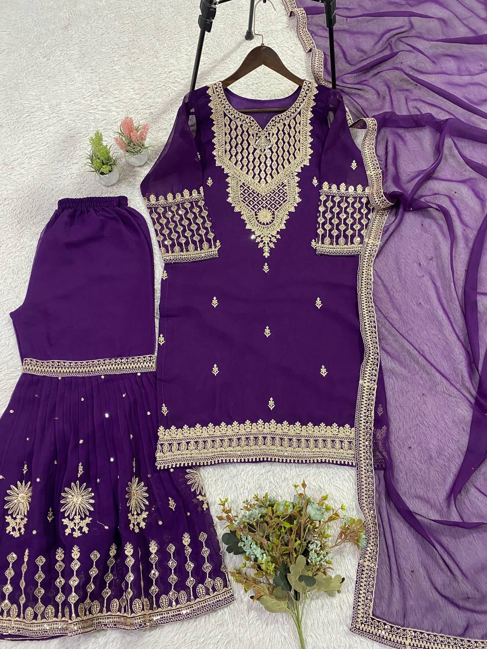 Trendy Purple Color Sequence Embroidered Sharara Suit