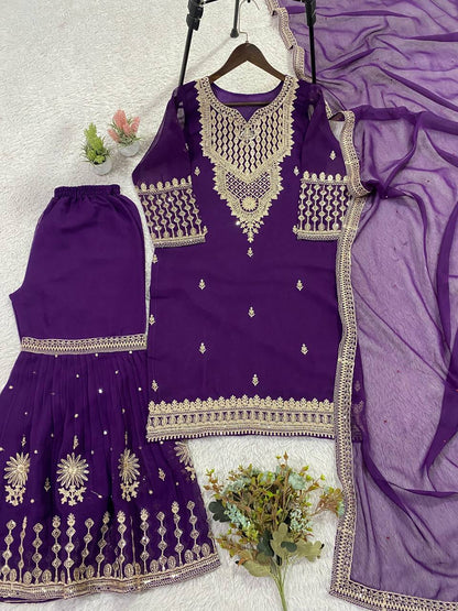 Trendy Purple Color Sequence Embroidered Sharara Suit