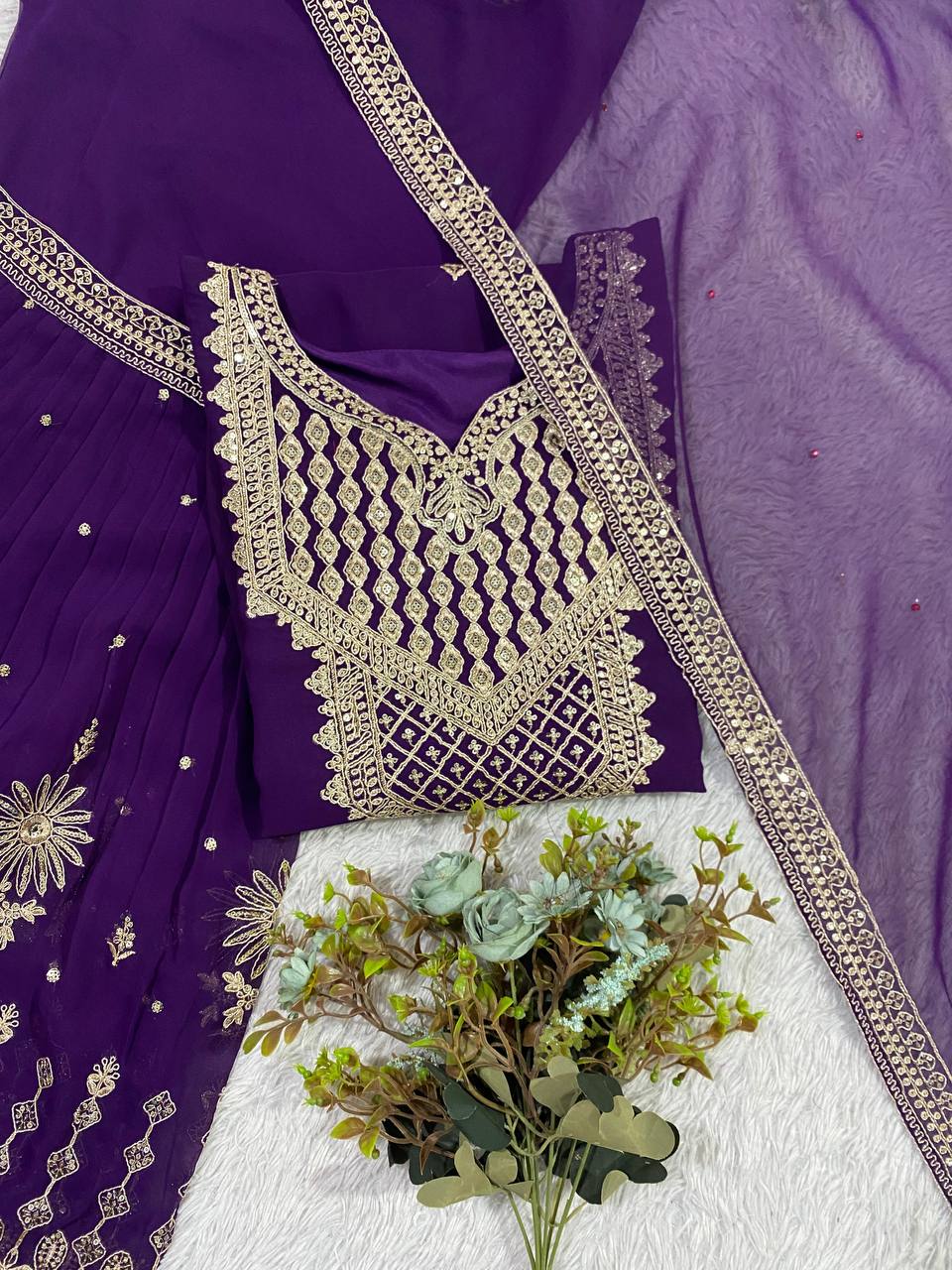 Trendy Purple Color Sequence Embroidered Sharara Suit