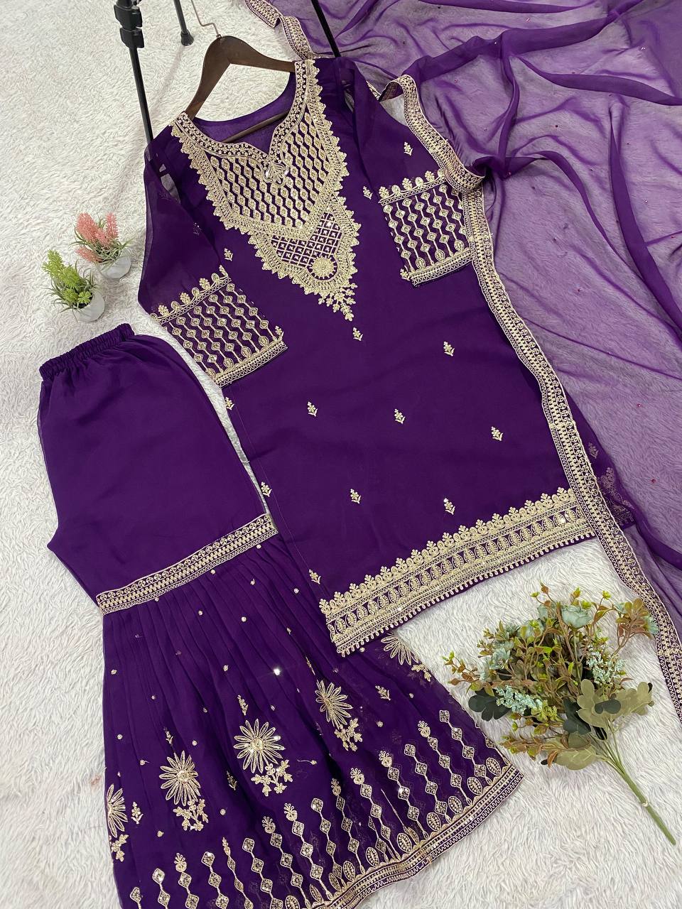 Trendy Purple Color Sequence Embroidered Sharara Suit