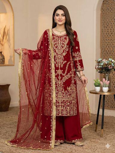 Mesmerizing Red Color Georgette Diamond Work Palazzo Suit