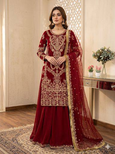 Mesmerizing Red Color Georgette Diamond Work Palazzo Suit