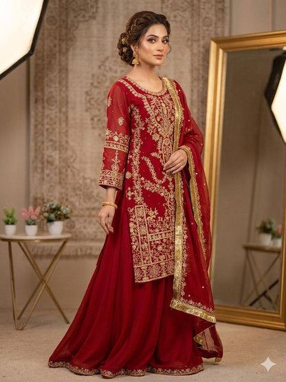 Mesmerizing Red Color Georgette Diamond Work Palazzo Suit