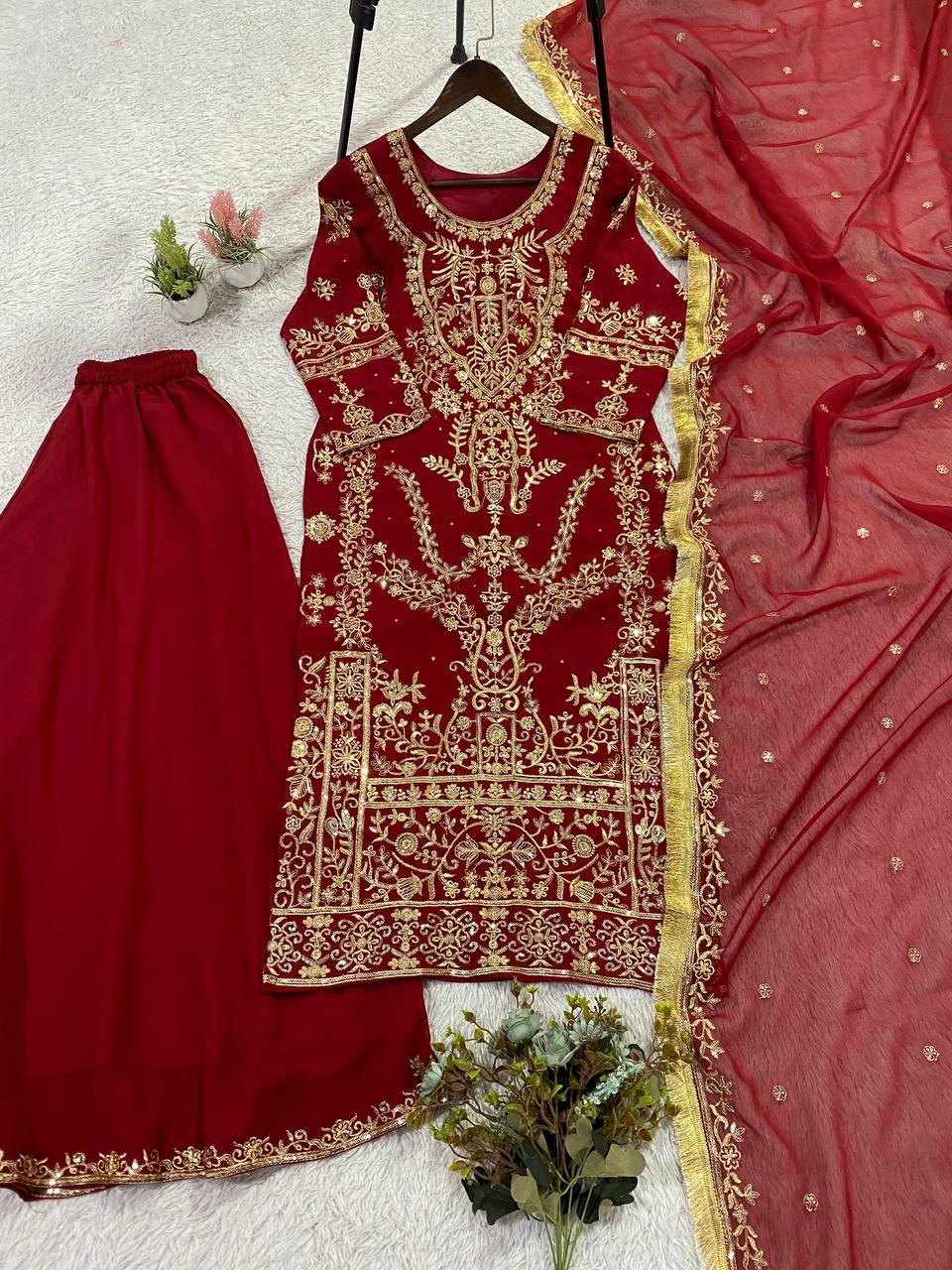 Mesmerizing Red Color Georgette Diamond Work Palazzo Suit