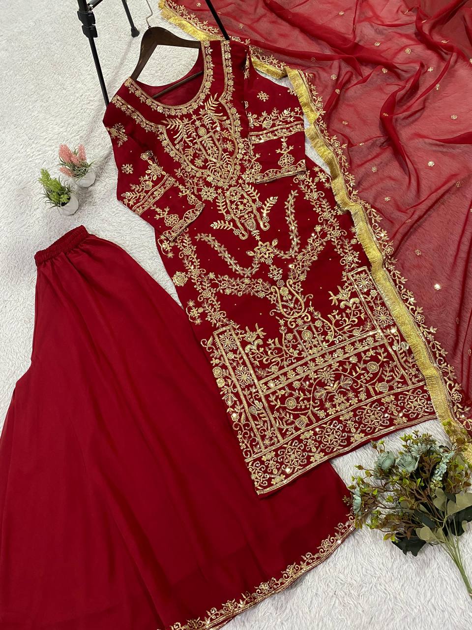 Mesmerizing Red Color Georgette Diamond Work Palazzo Suit