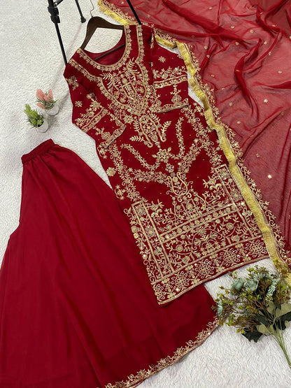 Mesmerizing Red Color Georgette Diamond Work Palazzo Suit