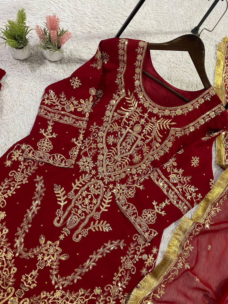 Mesmerizing Red Color Georgette Diamond Work Palazzo Suit