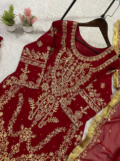 Mesmerizing Red Color Georgette Diamond Work Palazzo Suit