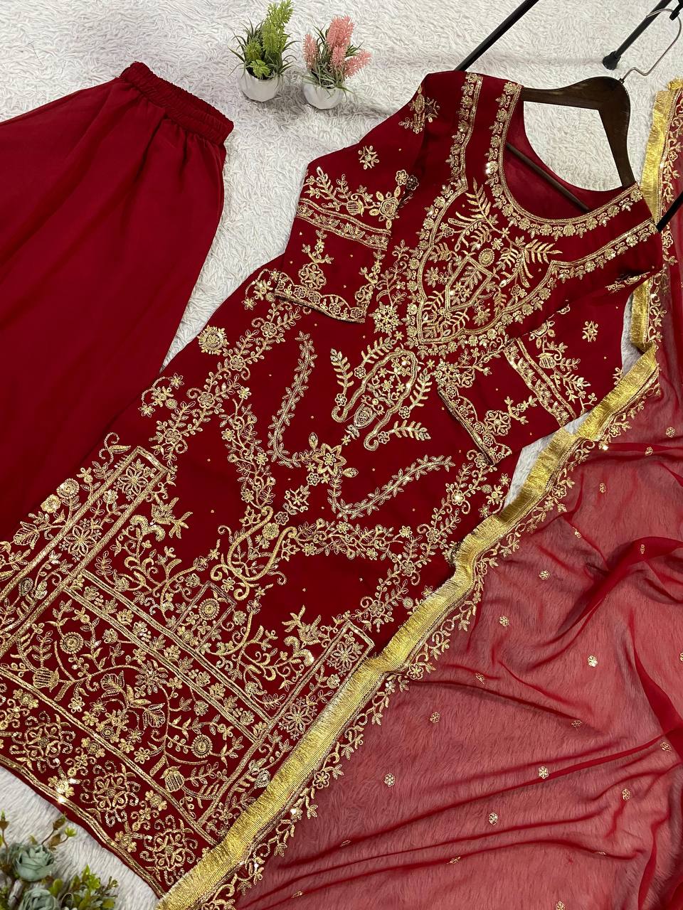 Mesmerizing Red Color Georgette Diamond Work Palazzo Suit