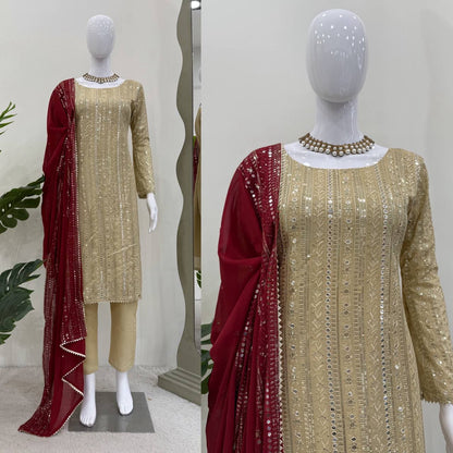 Designer Cream Color Faux Georgette With Thread Embroidery Work Salwar Suit