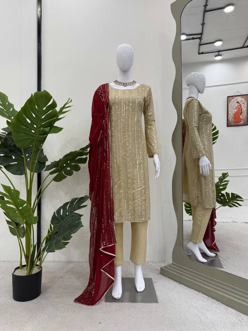 Designer Cream Color Faux Georgette With Thread Embroidery Work Salwar Suit