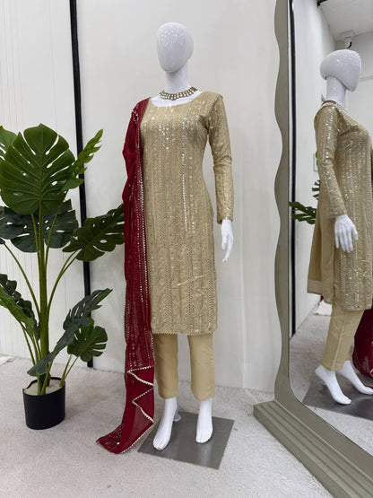 Designer Cream Color Faux Georgette With Thread Embroidery Work Salwar Suit