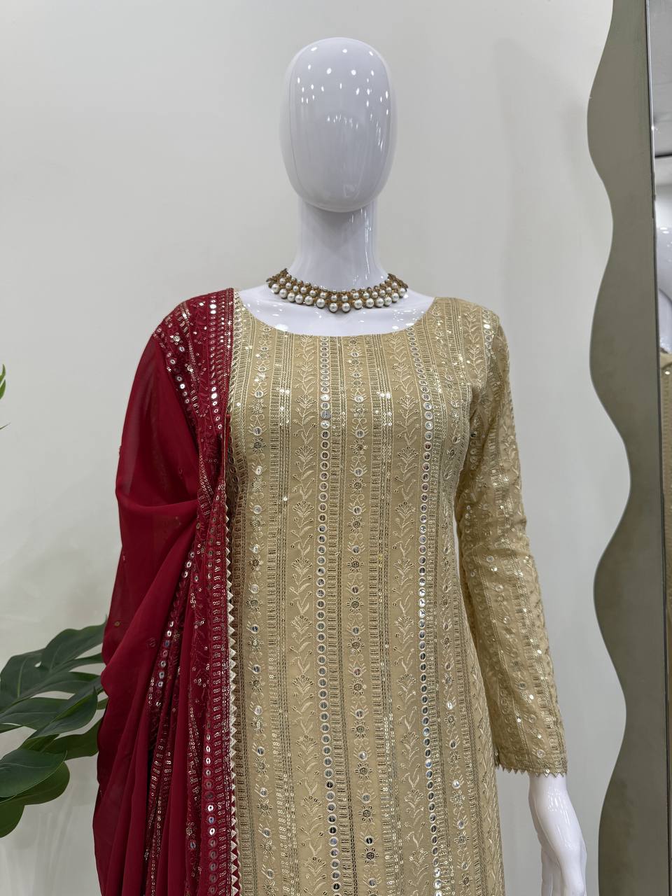 Designer Cream Color Faux Georgette With Thread Embroidery Work Salwar Suit