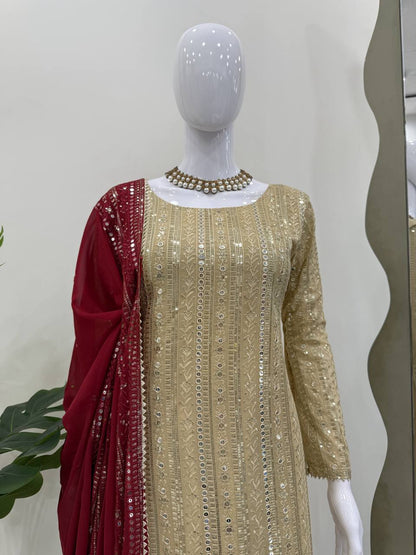 Designer Cream Color Faux Georgette With Thread Embroidery Work Salwar Suit