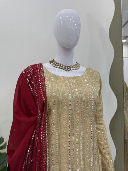Designer Cream Color Faux Georgette With Thread Embroidery Work Salwar Suit