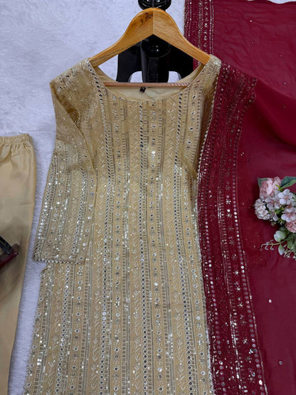 Designer Cream Color Faux Georgette With Thread Embroidery Work Salwar Suit