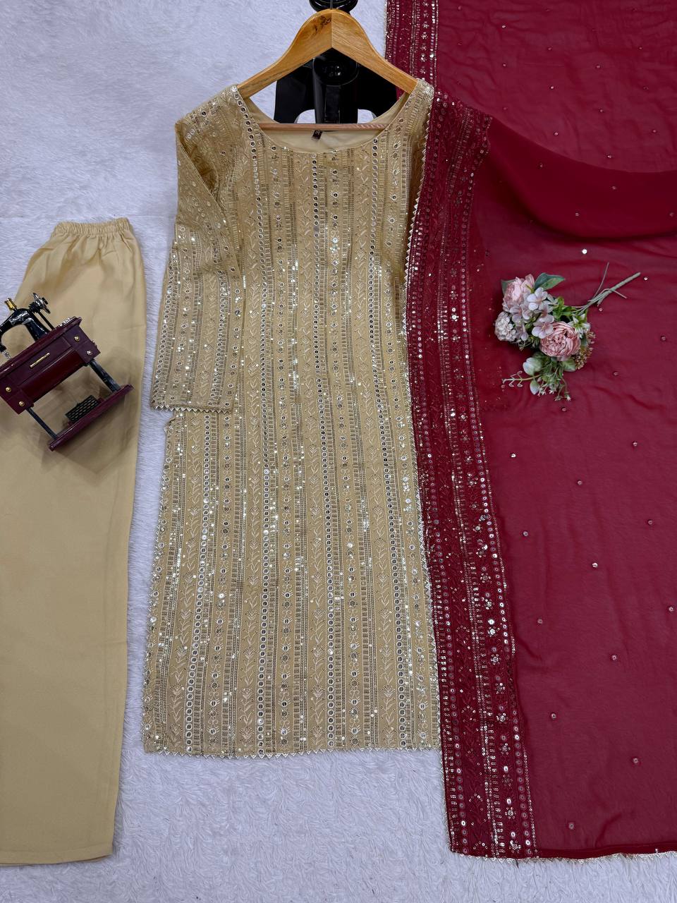 Designer Cream Color Faux Georgette With Thread Embroidery Work Salwar Suit