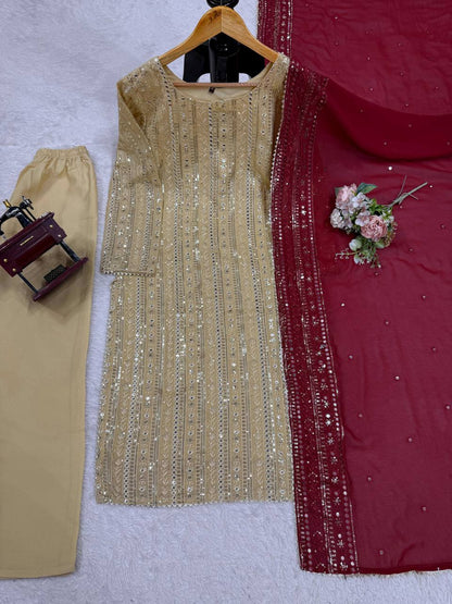 Designer Cream Color Faux Georgette With Thread Embroidery Work Salwar Suit