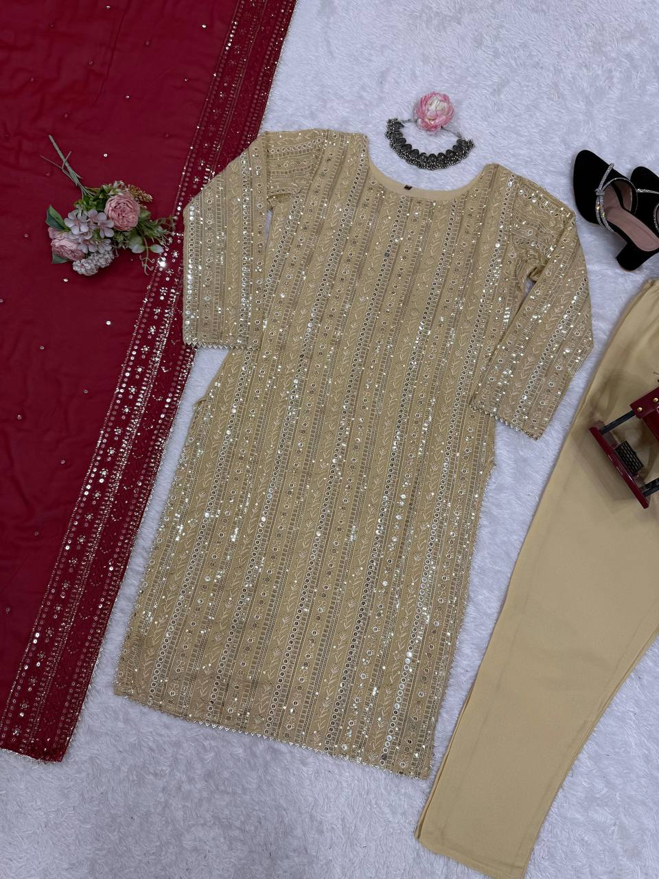 Designer Cream Color Faux Georgette With Thread Embroidery Work Salwar Suit